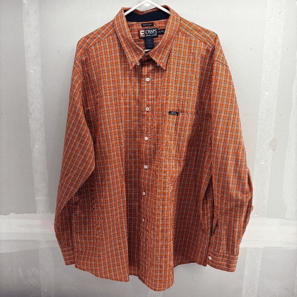 Vintage Chaps Ralph Lauren Easy Care Orange Blue Tattersall Check Plaid Mens 2XL